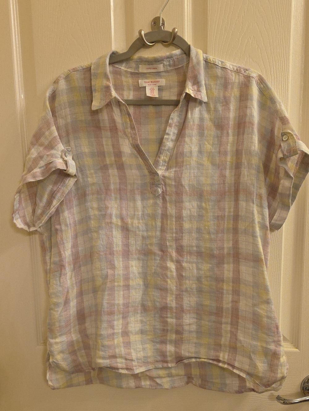 Isaac Mizrahi 100% Oversized Linen Plaid Top